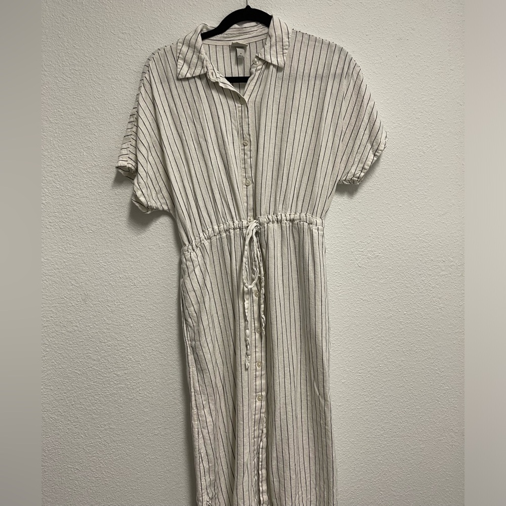 Pinstripe drawstring waist midi dress